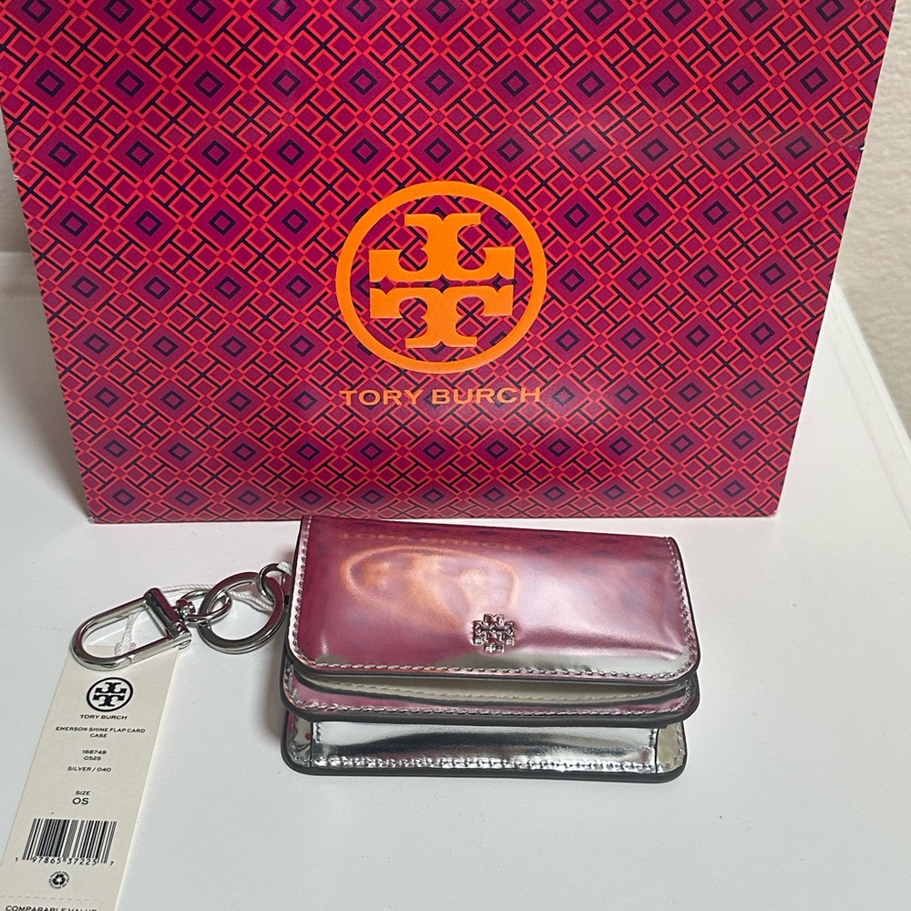 Tory Burch Silver Metallic Wallet- Emerson shine flap card case NWT